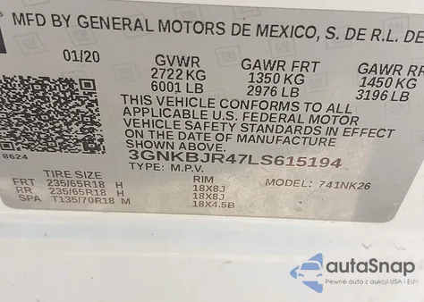 2020 Chevrolet Blazer Awd 3Lt z USA, uszkodzony, nr VIN 3GNKBJR47LS615194